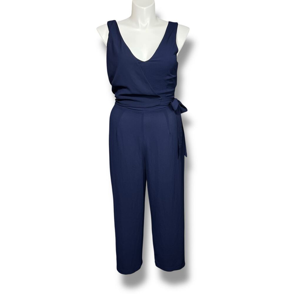 Speechless Womens Jumpsuit Sleeveless V Neck Wide Leg Tie Waist Navy Blue XL